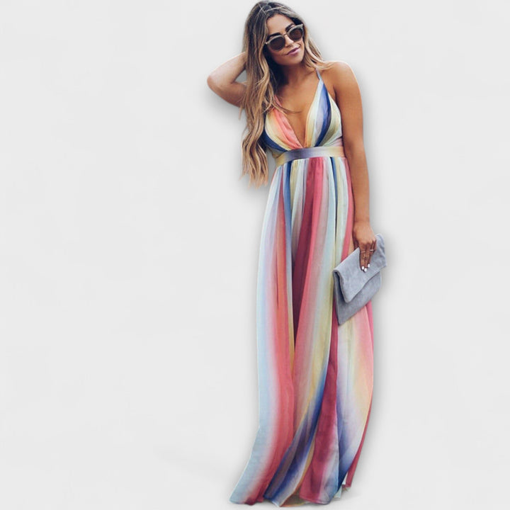 Vestido Feminino Listrado Multicolorido com Decote V