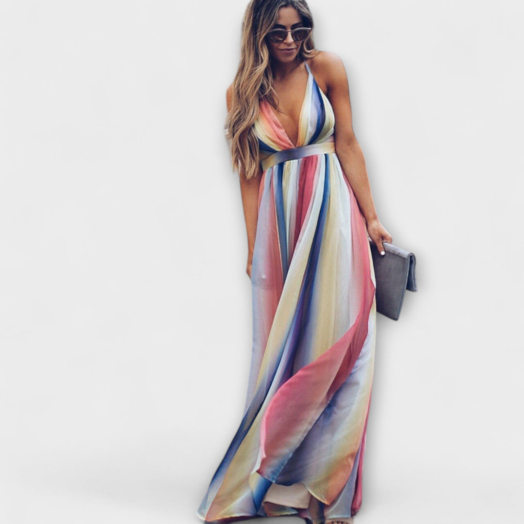 Vestido Feminino Listrado Multicolorido com Decote V
