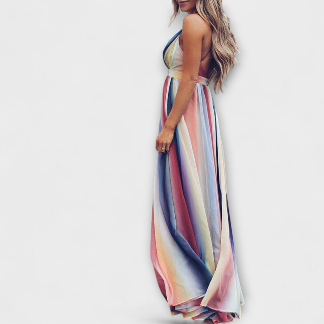 Vestido Feminino Listrado Multicolorido com Decote V