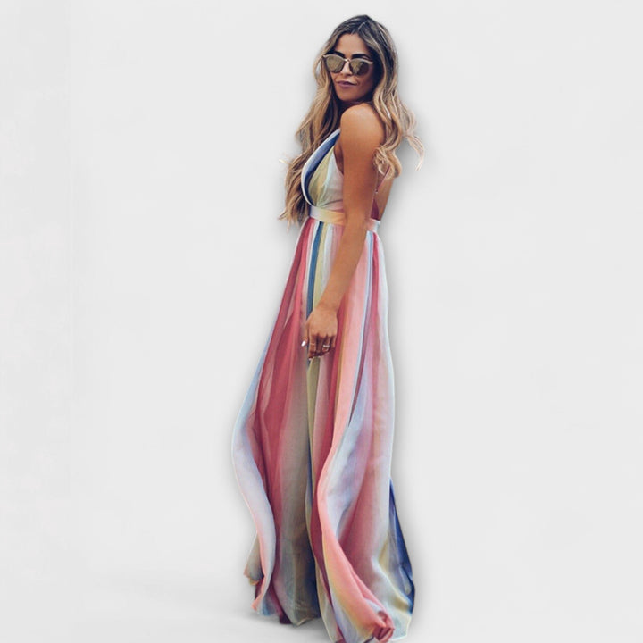 Vestido Feminino Listrado Multicolorido com Decote V
