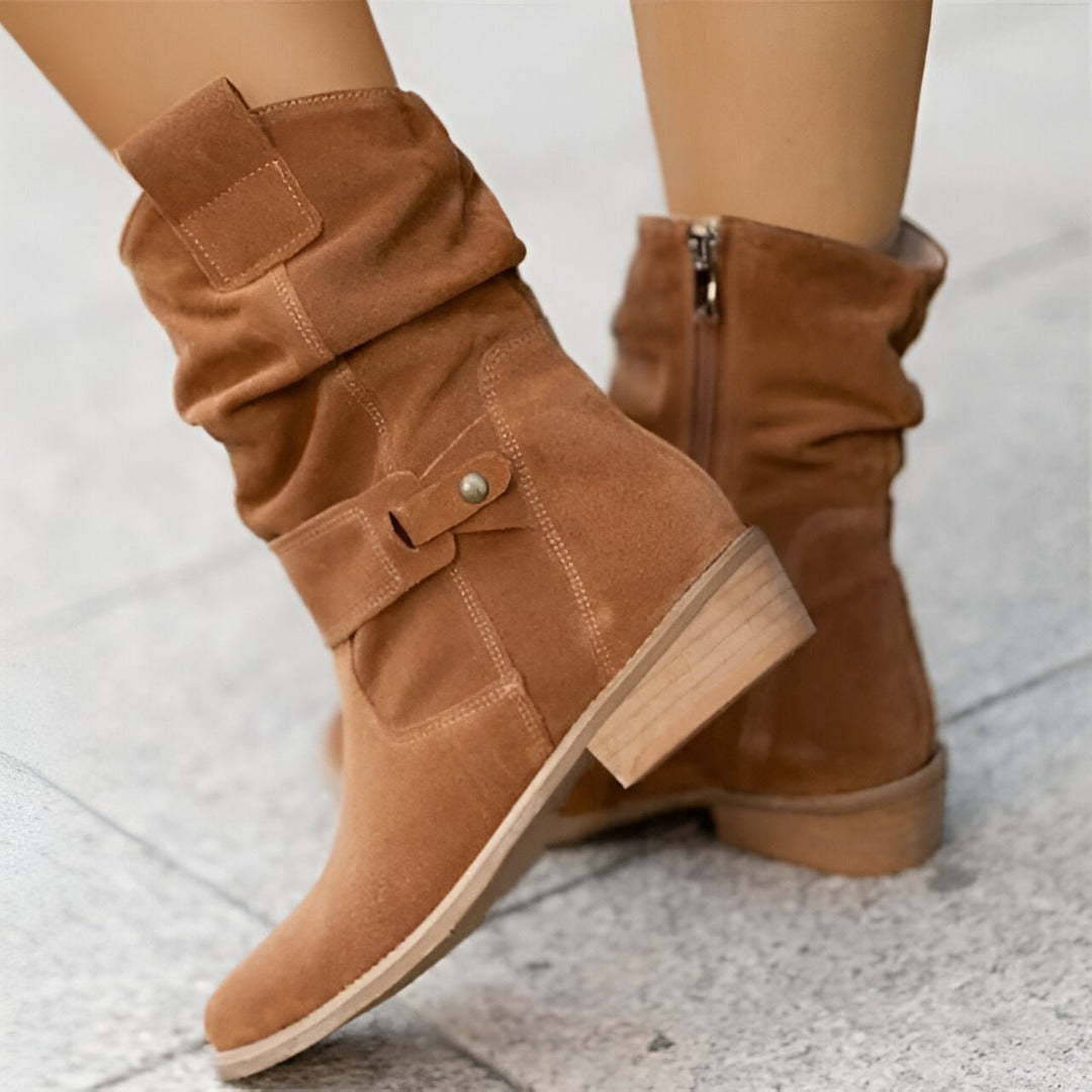 Women's Ankle Boots Faux Suede Slouchy Low Heel Buckle Strap Casual