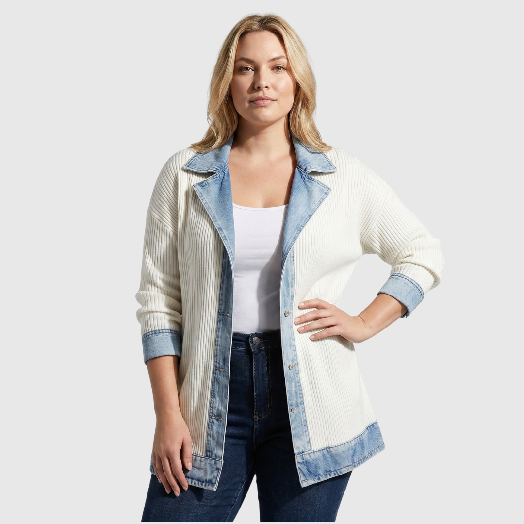 Giacca casual da donna in denim lavorato a maglia con inserti patchwork, bottoni e strati esterni