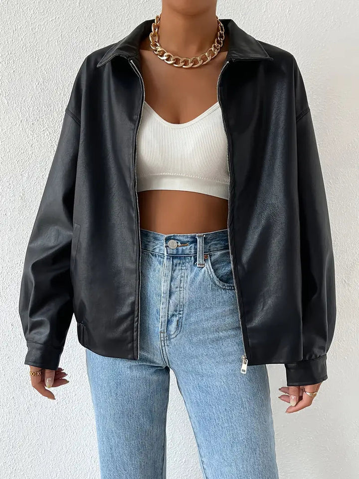 Chaqueta de cuero sintético para mujer de corte holgado con cremallera, prenda de abrigo utilitaria