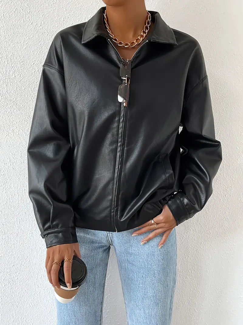 Chaqueta de cuero sintético para mujer de corte holgado con cremallera, prenda de abrigo utilitaria
