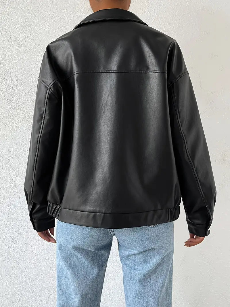 Chaqueta de cuero sintético para mujer de corte holgado con cremallera, prenda de abrigo utilitaria