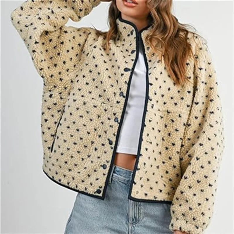 Kalinda | Oversized Cropped Sherpa Jacket with Zip Front and Button Accents