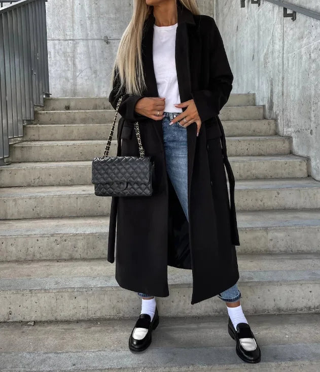 Women's Long Coat Wool Blend Belted Structured Tailored Fit Office