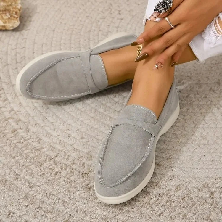 Mocassins femininos de camurça, fáceis de calçar, palmilha acolchoada, sola de borracha, para escritório e uso casual