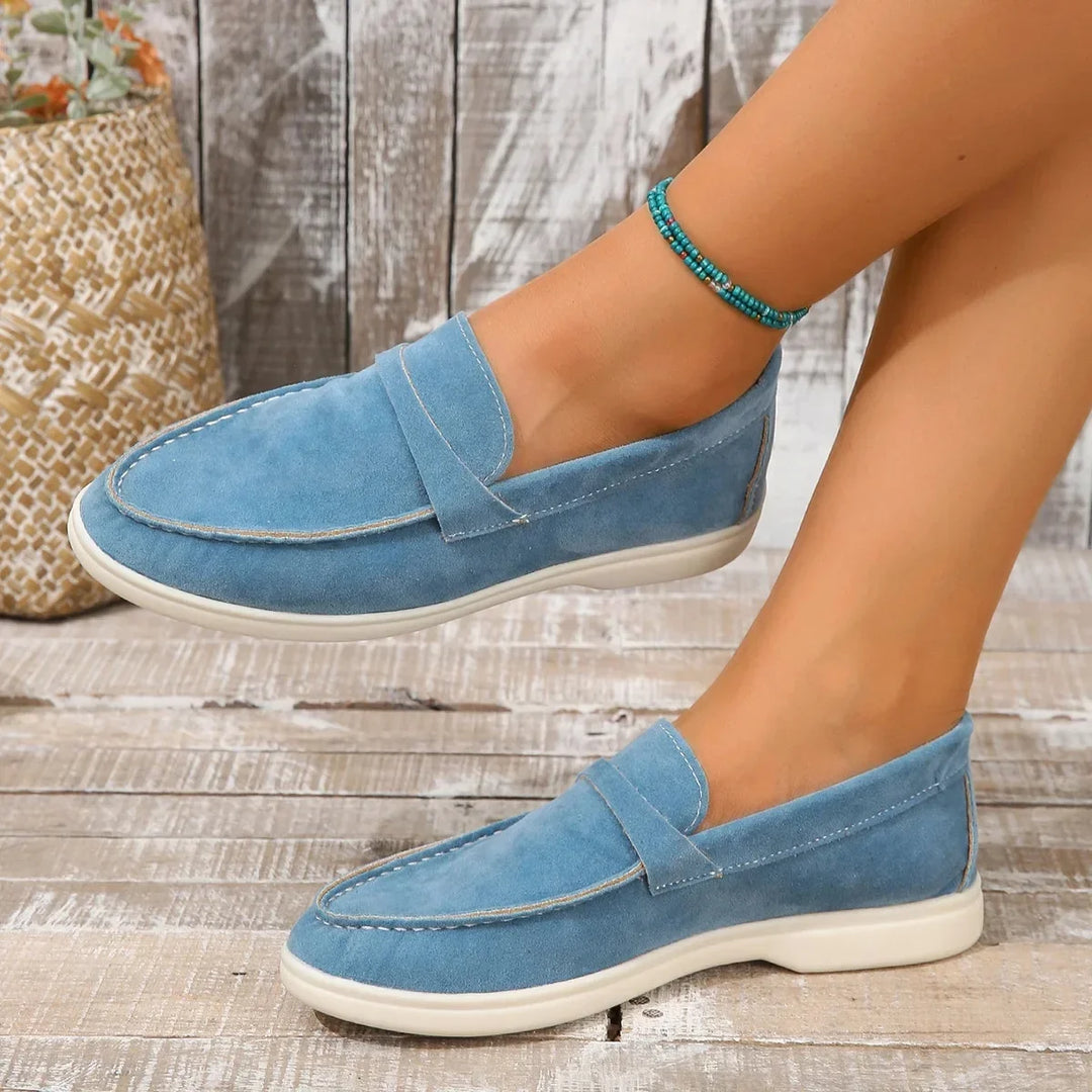 Mocassins femininos de camurça, fáceis de calçar, palmilha acolchoada, sola de borracha, para escritório e uso casual