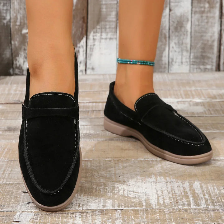 Mocassins femininos de camurça, fáceis de calçar, palmilha acolchoada, sola de borracha, para escritório e uso casual