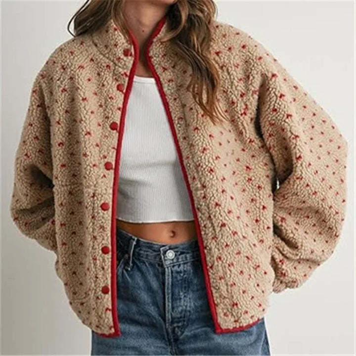 Kalinda | Oversized Cropped Sherpa Jacket with Zip Front and Button Accents