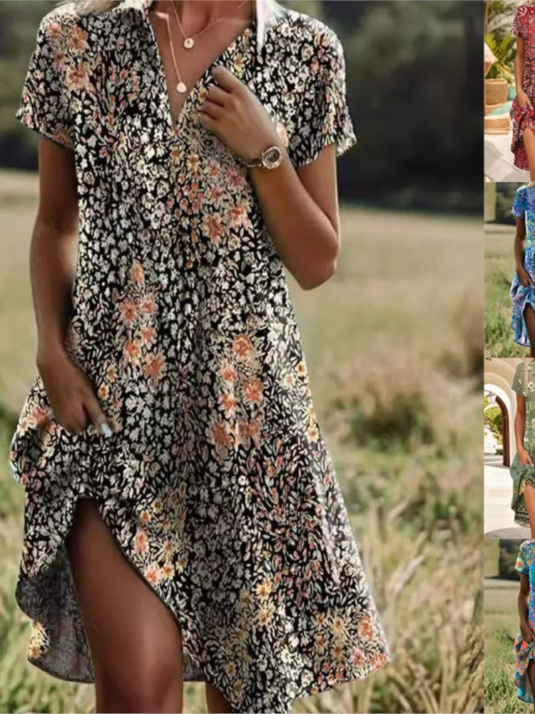 Carla™ | Stilfuld V-hals Knappet Blomsterkjole