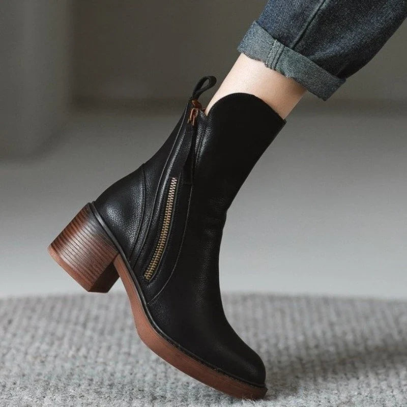 Women's Ankle Boots Leather High Heel Metal Zipper Shock Absorbing Sole Evening