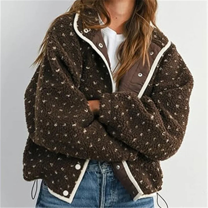 Kalinda | Oversized Cropped Sherpa Jacket with Zip Front and Button Accents