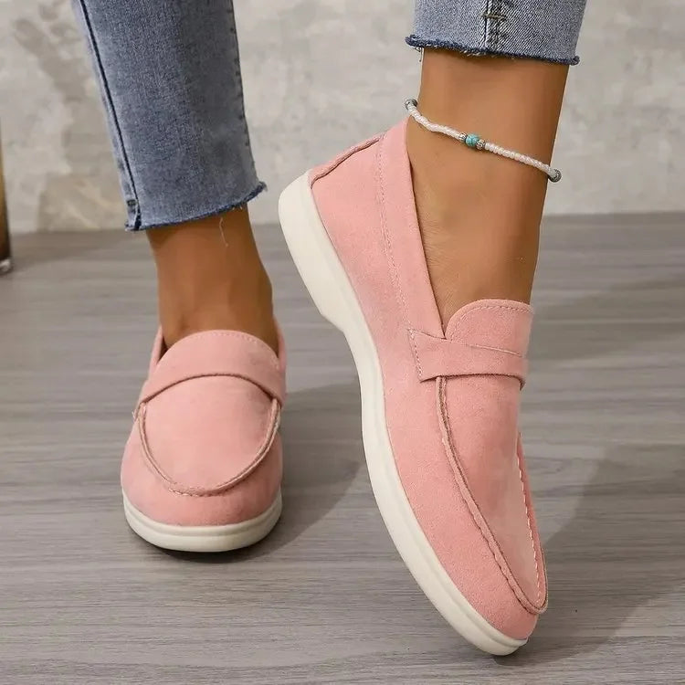 Mocassins femininos de camurça, fáceis de calçar, palmilha acolchoada, sola de borracha, para escritório e uso casual
