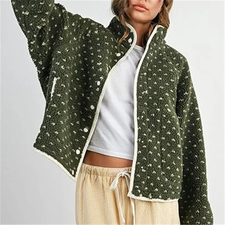 Kalinda | Oversized Cropped Sherpa Jacket with Zip Front and Button Accents
