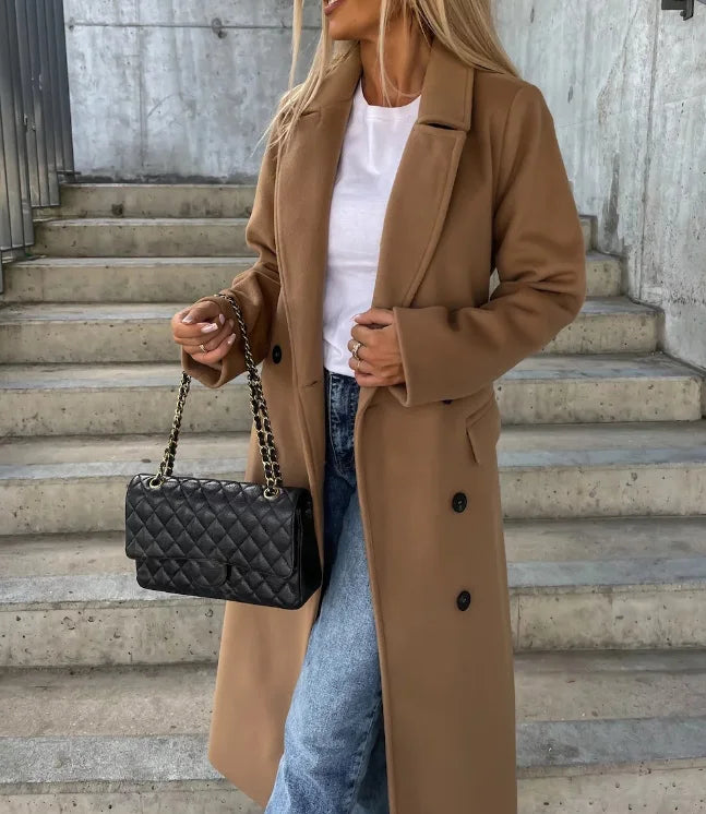 Women's Long Coat Wool Blend Belted Structured Tailored Fit Office
