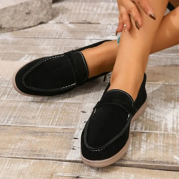 Mocassins femininos de camurça, fáceis de calçar, palmilha acolchoada, sola de borracha, para escritório e uso casual