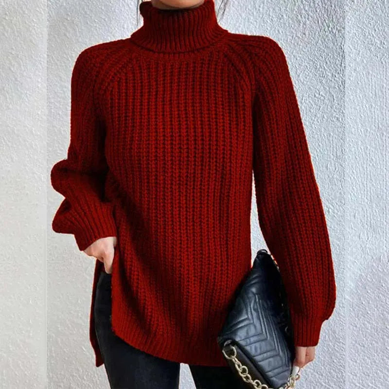 Damerullekravesweater i strik med tekstureret mønster, alsidig stil, afslappet og til kontoret