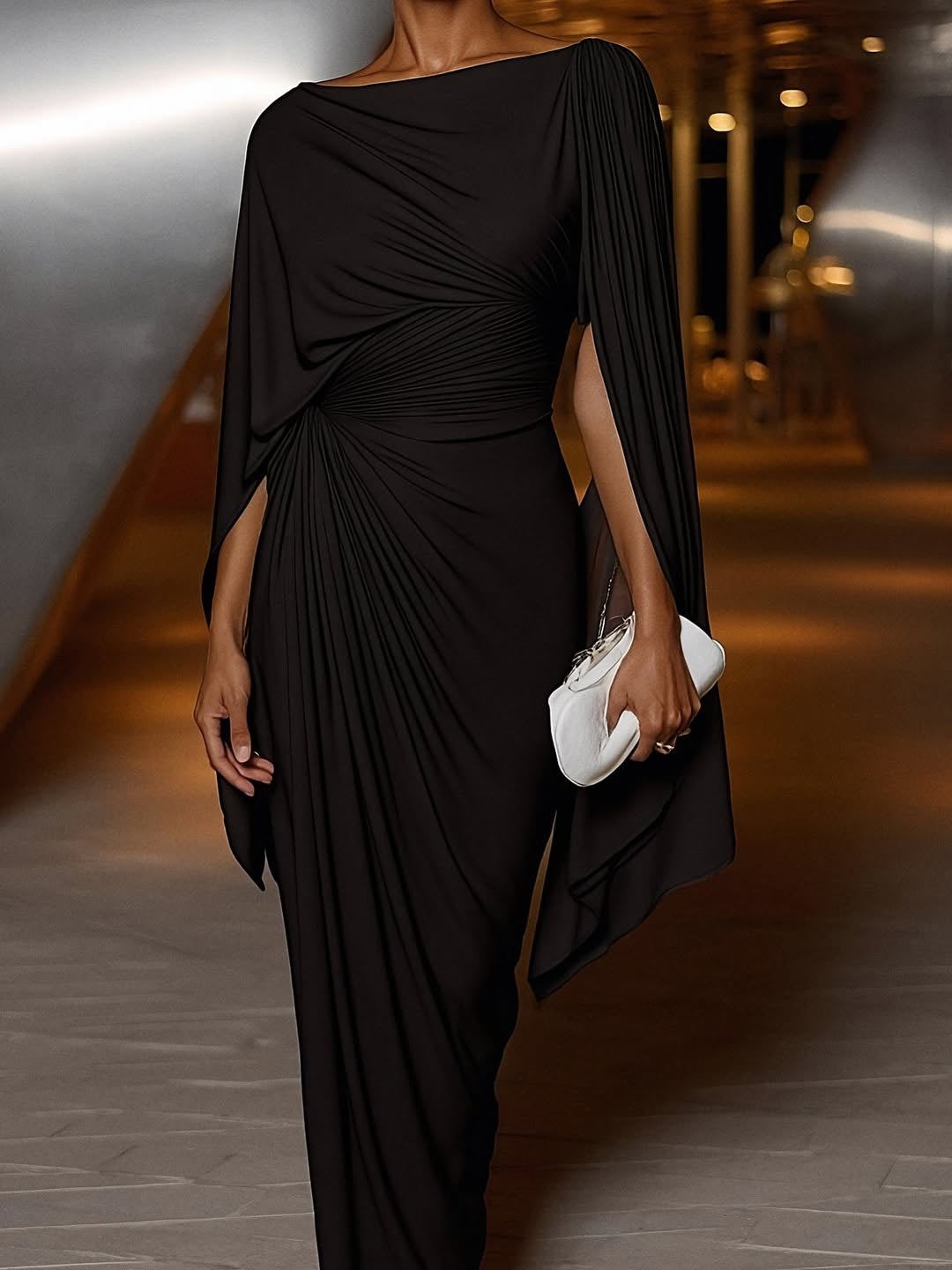 Melyssa™ Vestido Maxi Plissado com Drapeado