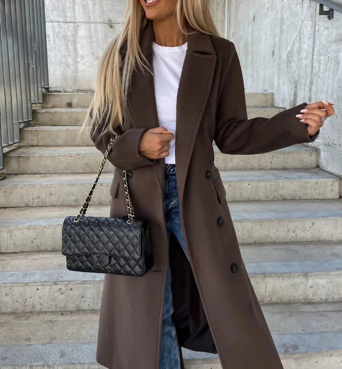 Women's Long Coat Wool Blend Belted Structured Tailored Fit Office