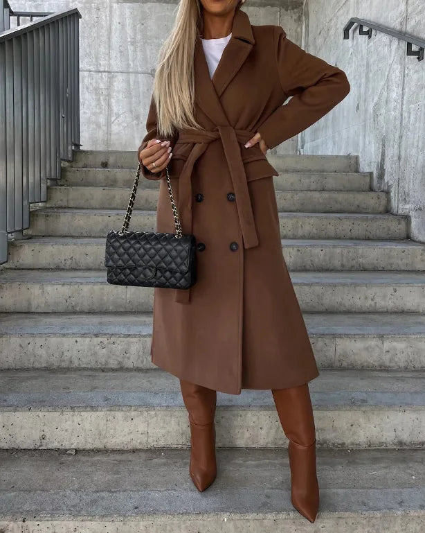 Women's Long Coat Wool Blend Belted Structured Tailored Fit Office