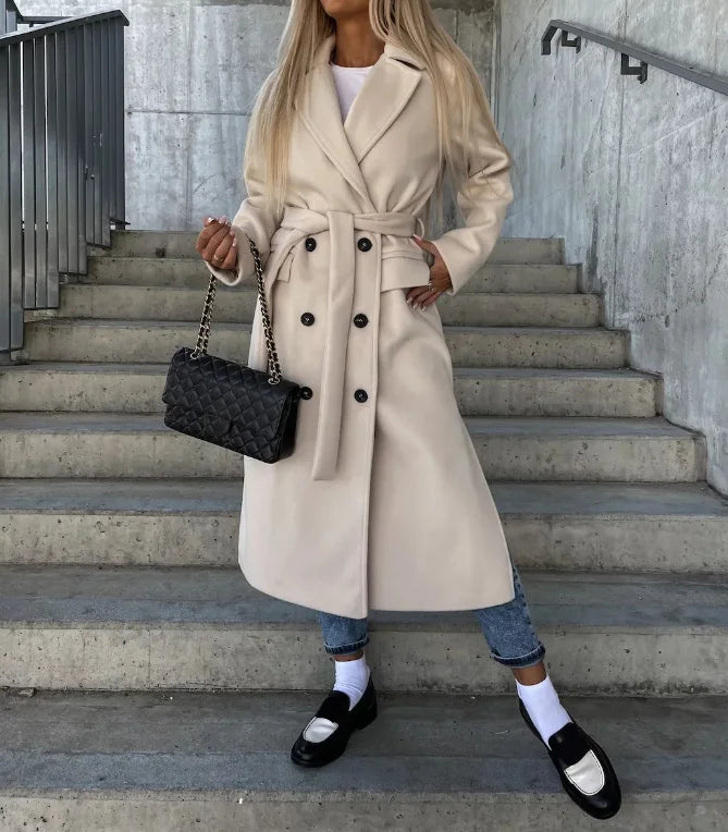 Women's Long Coat Wool Blend Belted Structured Tailored Fit Office