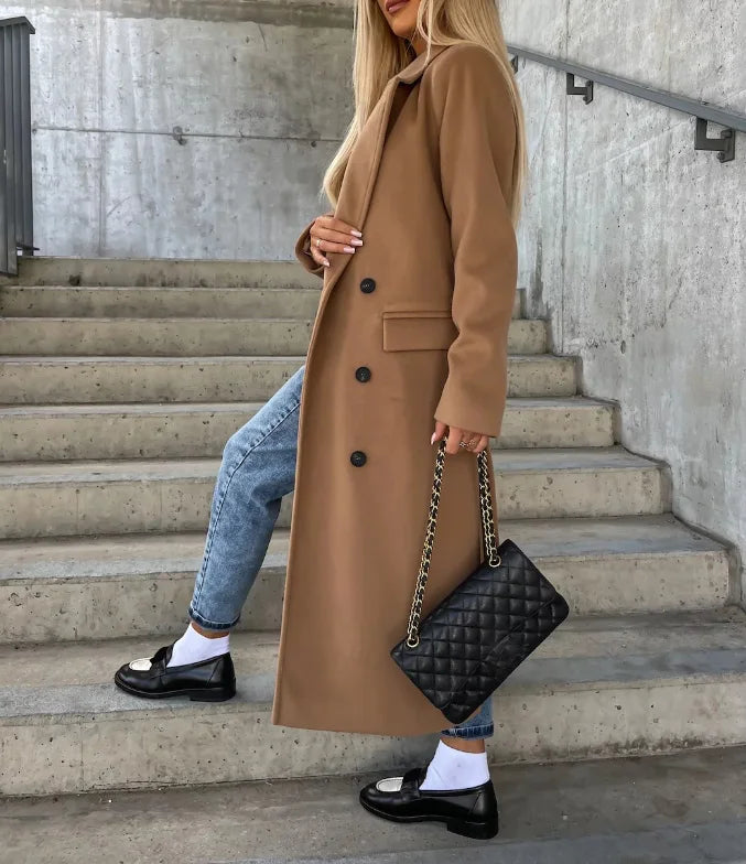 Women's Long Coat Wool Blend Belted Structured Tailored Fit Office