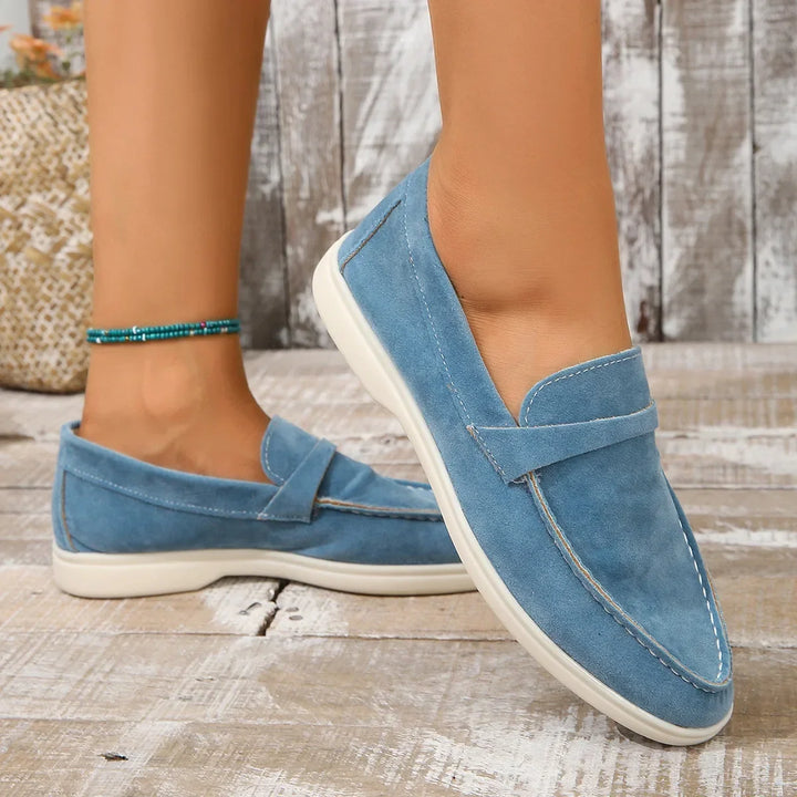 Mocassins femininos de camurça, fáceis de calçar, palmilha acolchoada, sola de borracha, para escritório e uso casual