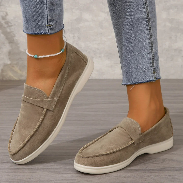 Mocassins femininos de camurça, fáceis de calçar, palmilha acolchoada, sola de borracha, para escritório e uso casual