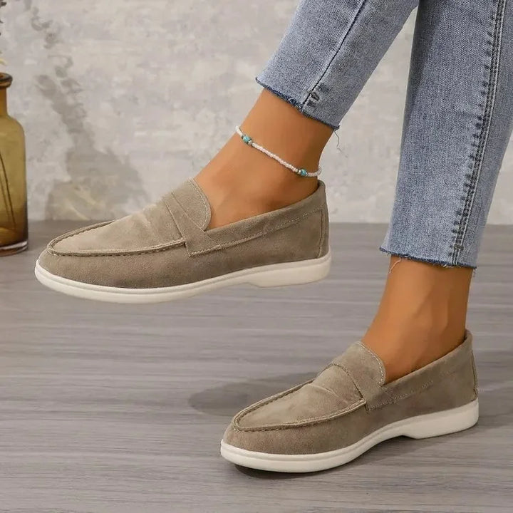 Mocassins femininos de camurça, fáceis de calçar, palmilha acolchoada, sola de borracha, para escritório e uso casual