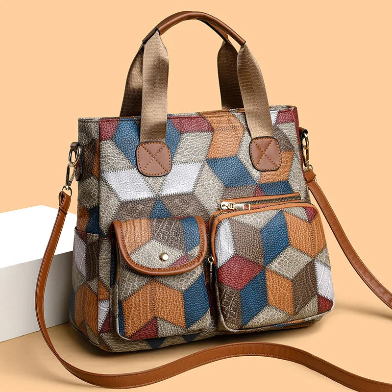 Solange | Handcrafted Patchwork Leather Handbag with Zip Compartments