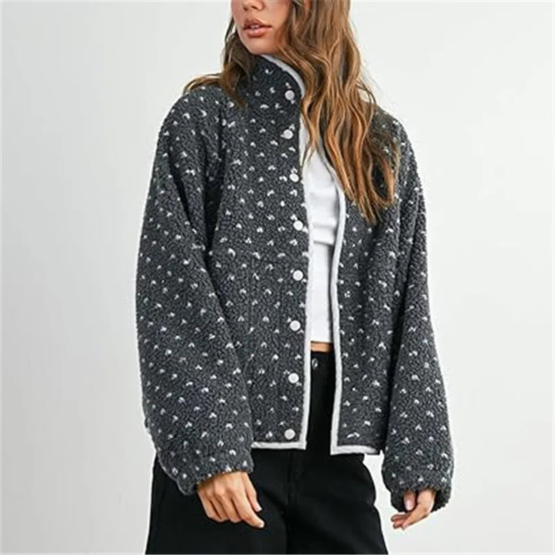 Kalinda | Oversized Cropped Sherpa Jacket with Zip Front and Button Accents