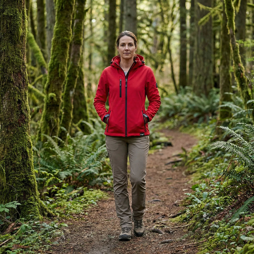 Jaqueta feminina de softshell com capuz, à prova de vento, fechamento frontal por zíper e bolsos, casual
