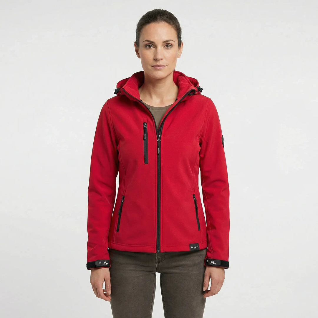 Jaqueta feminina de softshell com capuz, à prova de vento, fechamento frontal por zíper e bolsos, casual