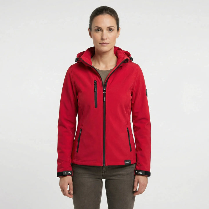 Jaqueta feminina de softshell com capuz, à prova de vento, fechamento frontal por zíper e bolsos, casual