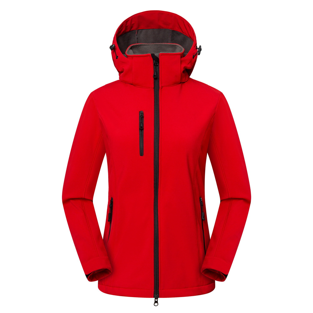 Jaqueta feminina de softshell com capuz, à prova de vento, fechamento frontal por zíper e bolsos, casual