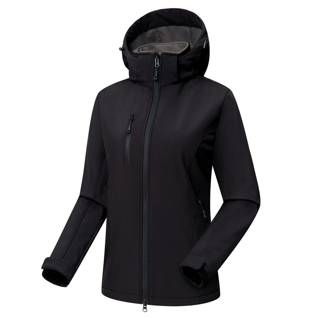 Jaqueta feminina de softshell com capuz, à prova de vento, fechamento frontal por zíper e bolsos, casual