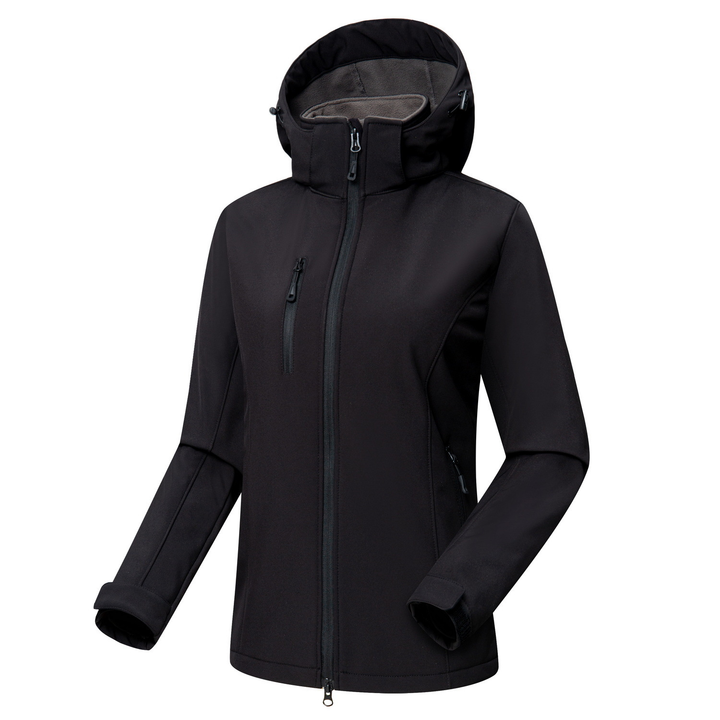 Jaqueta feminina de softshell com capuz, à prova de vento, fechamento frontal por zíper e bolsos, casual
