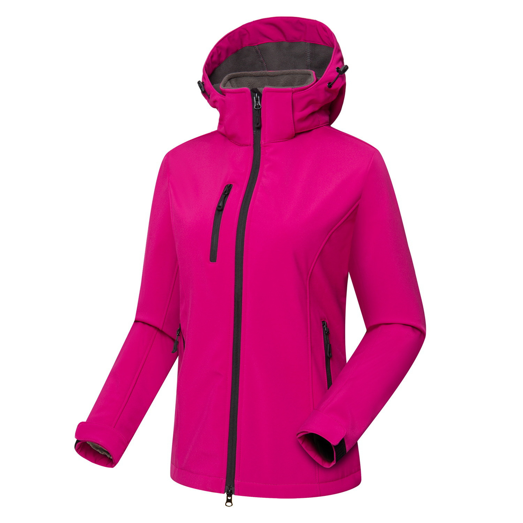 Jaqueta feminina de softshell com capuz, à prova de vento, fechamento frontal por zíper e bolsos, casual