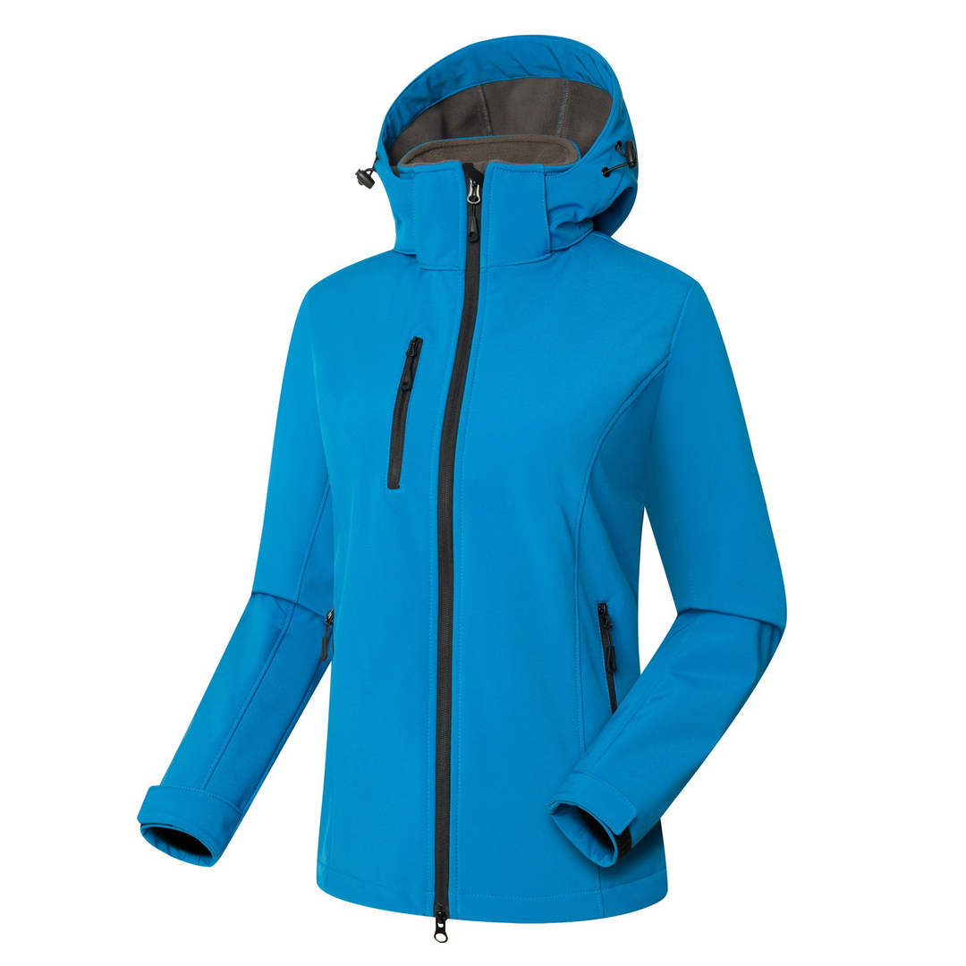Jaqueta feminina de softshell com capuz, à prova de vento, fechamento frontal por zíper e bolsos, casual