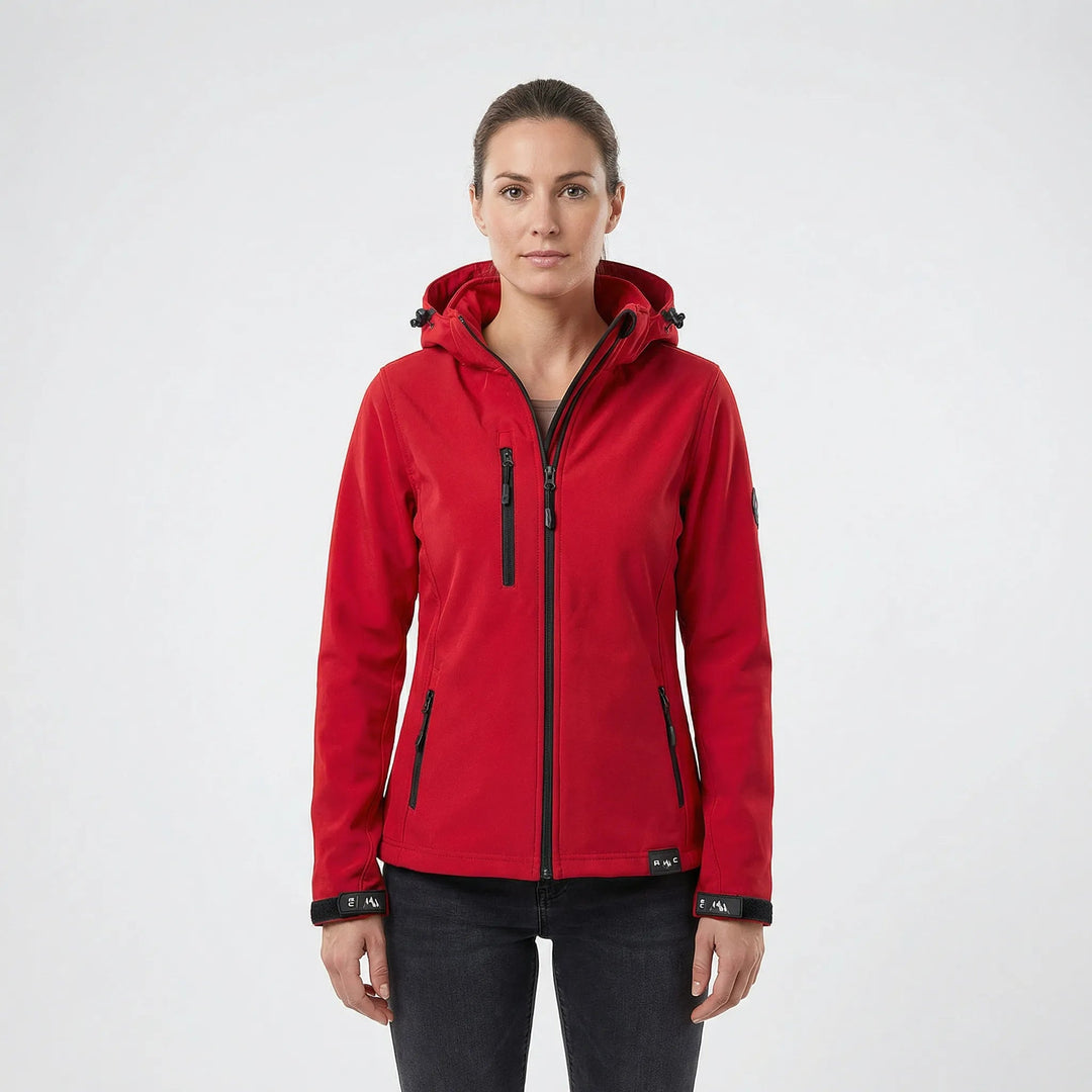 Jaqueta feminina de softshell com capuz, à prova de vento, fechamento frontal por zíper e bolsos, casual