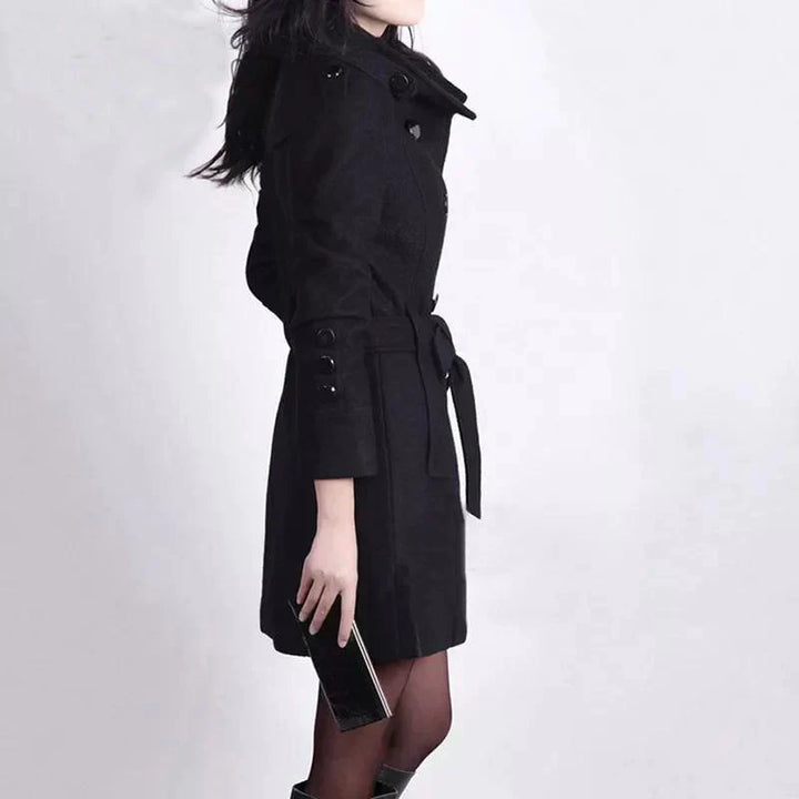 Women's Trench Coat Wool Blend Double Breasted Belted Waist Business Casual
