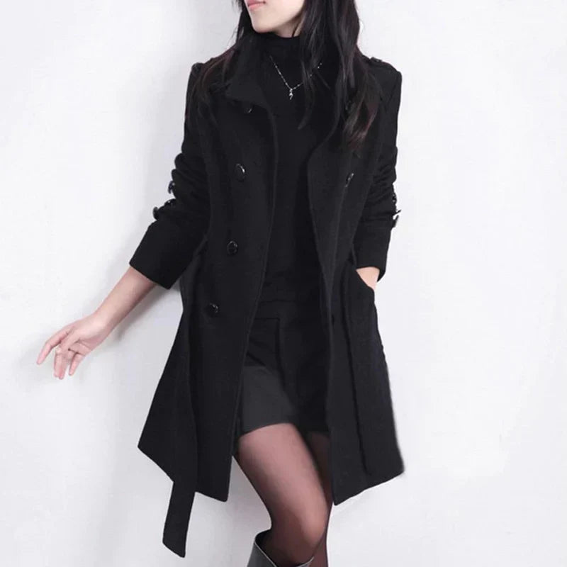 Women's Trench Coat Wool Blend Double Breasted Belted Waist Business Casual