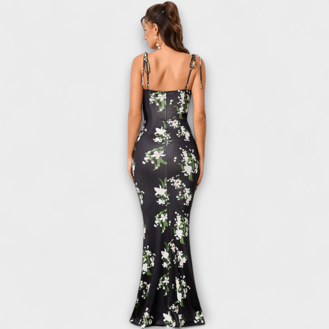 Thalia - Blomsterprintet gallakjole med bundne skulderstropper