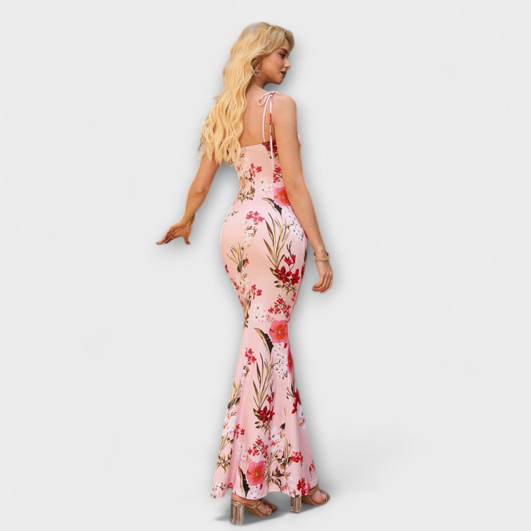 Thalia - Blomsterprintet gallakjole med bundne skulderstropper