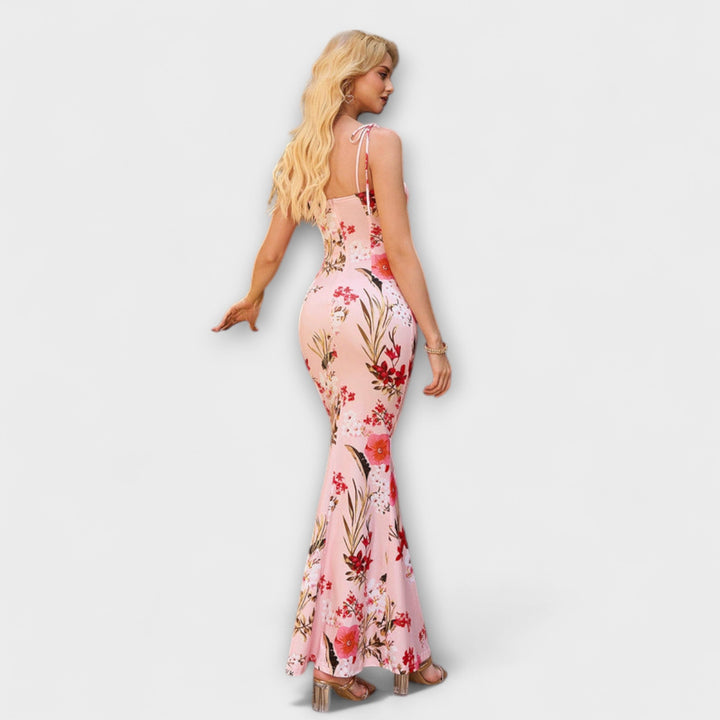 Thalia - Blomsterprintet gallakjole med bundne skulderstropper