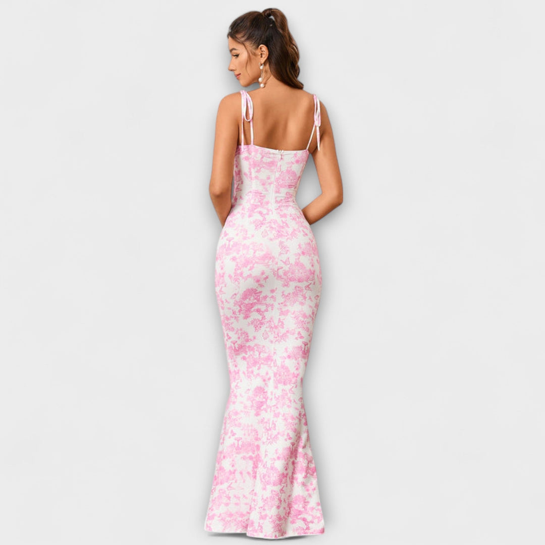 Thalia - Blomsterprintet gallakjole med bundne skulderstropper
