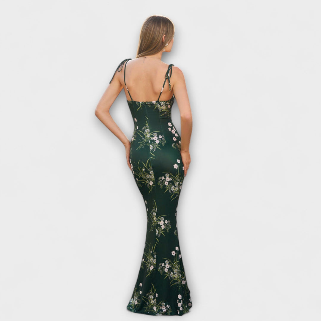 Thalia - Blomsterprintet gallakjole med bundne skulderstropper
