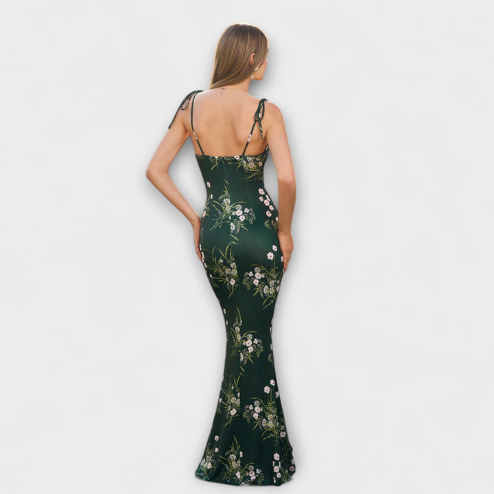 Thalia - Blomsterprintet gallakjole med bundne skulderstropper